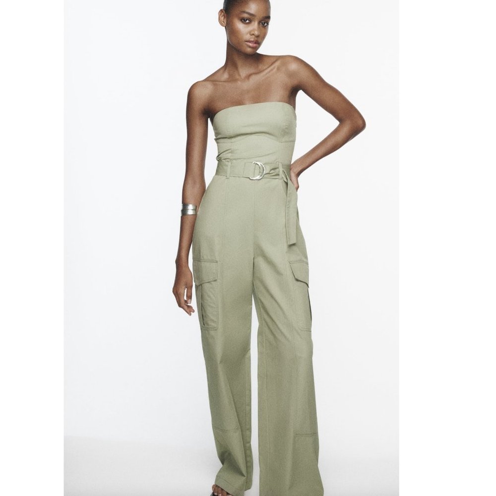 Zara Strapless Jumpsuit Light Khaki NWT - Picture 6 of 11
